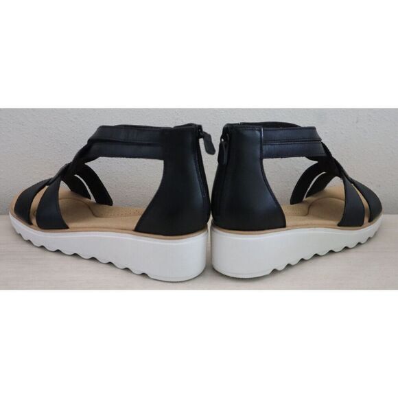 Collection x Clarks Wmn Sz 11 M Black Leather Jillian Bright Strappy Wedge Heels - Picture 11 of 12